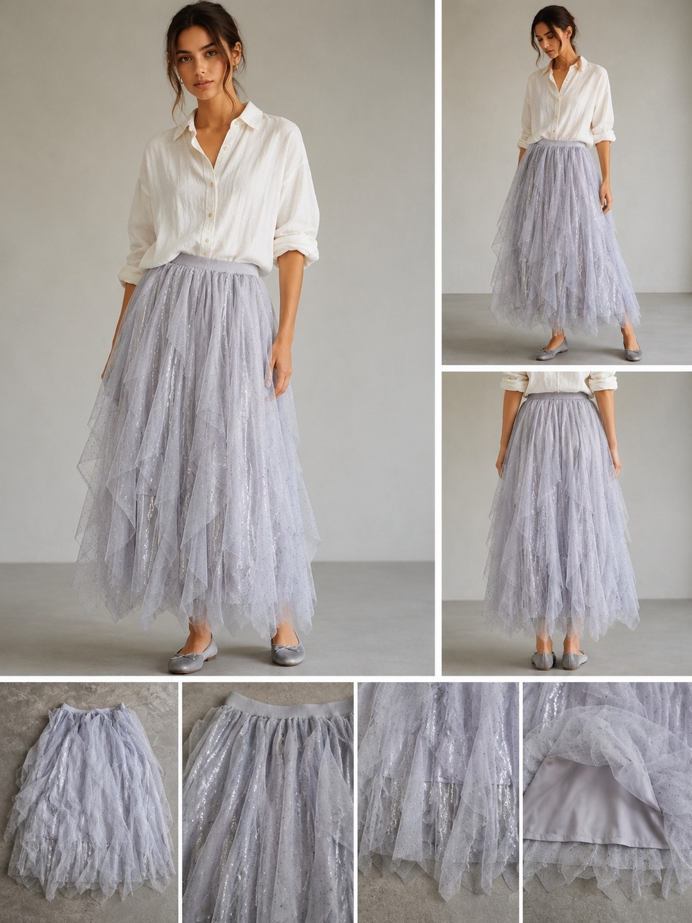 Blue B Collection Women's Layered Tulle Midi Skirt Gray Silver Glitter